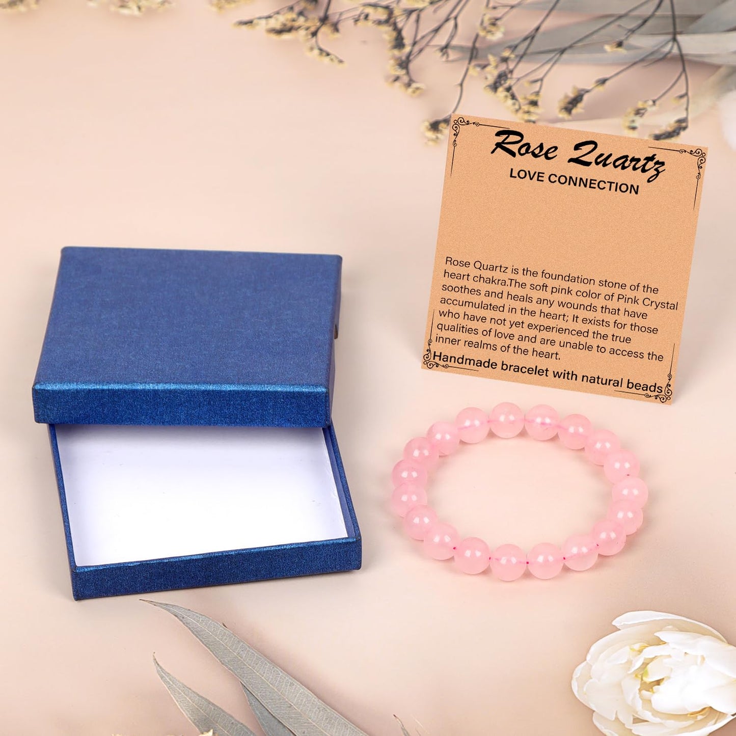 LPBeads Handmade Natural Gemstone Stretch Elastic 10mm Rose Quartz Bracelet Healing Crystal Round Stone Beads Jewelry Gifts for Women Men