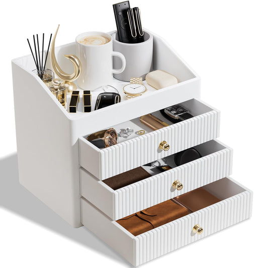 LADSTAG Office Accessories,Begie White Vegan Leather Office Supplies with 3 Drawers & Tray for Desk,Perfume Organizer with Gold-Tone Metal Accents Knob for End Tables,Bedside Table,Bedroom