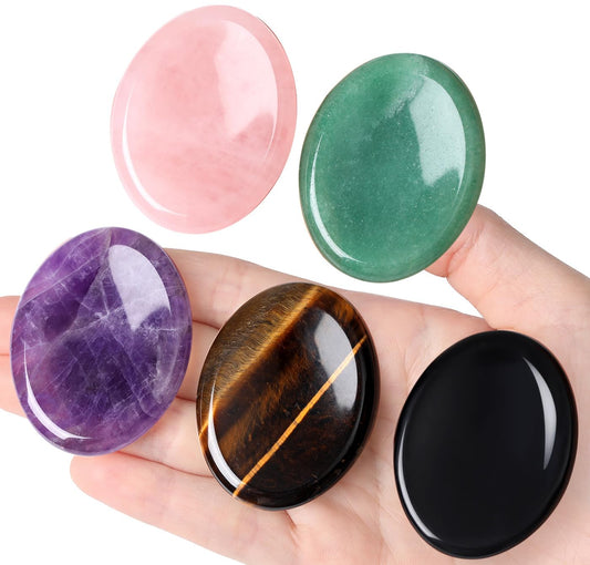 QINJIEJIE 5PCS Worry Stone for Anxiety Crystals Thumb Stones Pocket Gemstones Meditation Accessories Oval Shaped Crystal Natural Reiki Relax Therapy Palm Stone Relief Sets Spiritual Gifts for Kids