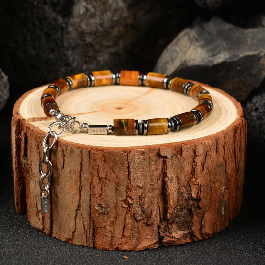 Casvia Men's Tiger's Eye & Hematite Beaded Bracelet, Handmade Adjustable Stainless Steel Chain, Chakra Jewelry Gift for Dad, Husband, Boyfriend