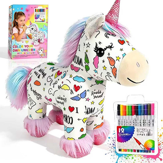 DIY Unicorn Plush – Paint Your Own Unicorn Doll w/ 12 Markers, Washable & Repaintable, Arts & Crafts Kit for Kids Ages 6+, Fabric Painting Supplies, Art Activities for Girls & Boys, Birthday Gift Idea