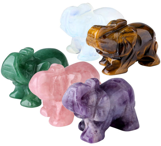 QINJIEJIE 5PCS Elephant Decor Amethyst Statue Crystals Rose Quartz Green Aventurine Opal Tiger Eye Cute Desk Stones Decoration Room Office Decor Statue Pocket Spiritual Gem Gifts for Women 1.5"