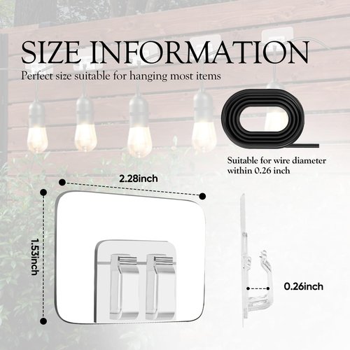 80Pcs Hooks for Outdoor String Lights Clips: Heavy Duty Cable Clips with Waterproof Adhesive Strips for Hanging Christmas Light - Outside UV-Resistant Clear Sticky Cord Holders Rope Organizer