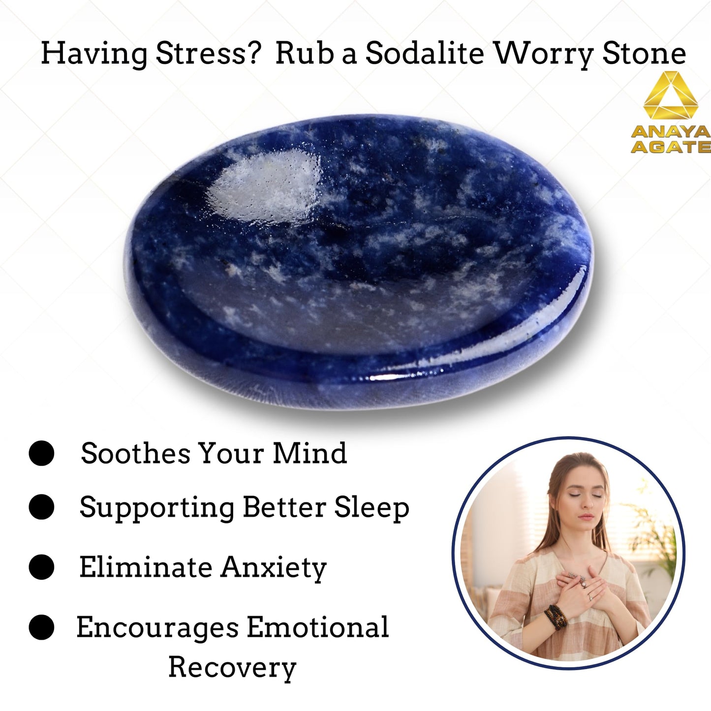 Anaya Agate Sodalite Worry Stones Certified Crystal Thumb Worry Stone for Anguish, Relaxing and Soothing Balance Stones for Meditation, Stress Relief Crystals and Healing Stones for Men, Women