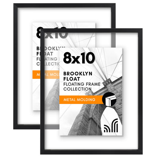 Americanflat Aluminum 8x10 Floating Picture Frame with Shatter-Resistant Glass - Set of 2 - Use as 5x7 Picture Frame or Display 8x10 Photo - Signature Float Collection - Photo Frames for Wall - Black