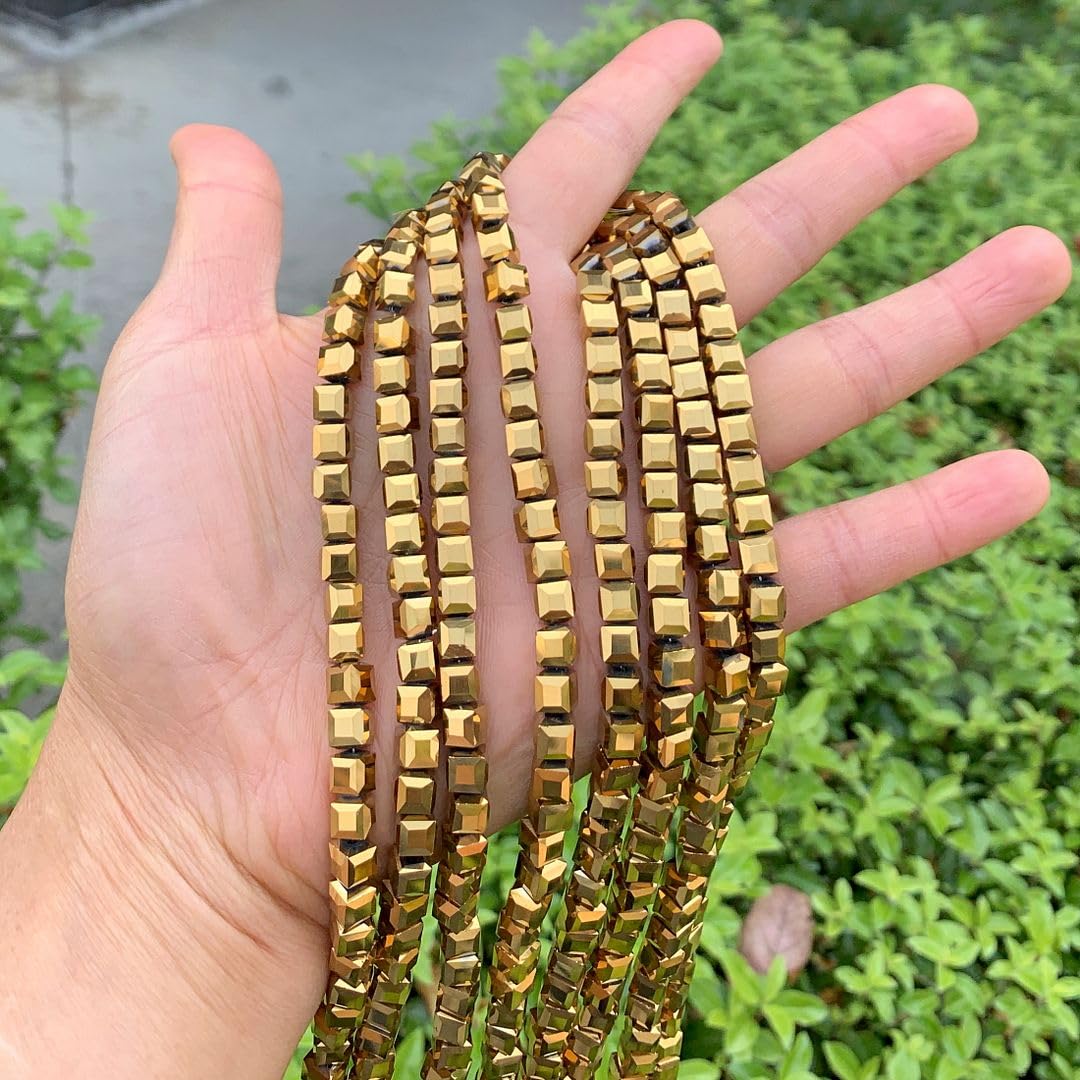 200pcs Czech Faceted Cube Crystal Glass Loose Beads Spacer Bulk 6mm (0.24 Inch) Gold Aurum for DIY Jewelry Craft Making CCC633