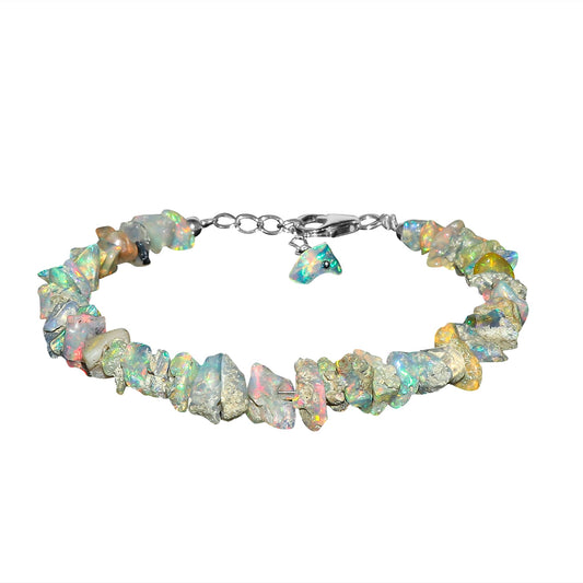 CRYSTALIS Ethiopian Opal Bracelet, Natural Raw Stones, Fire Play Rough Gemstones, Chakra Healing Crystals, Gift Giving Jewelry, Rhodium 925 Sterling Silver Women Bracelet 8 inch