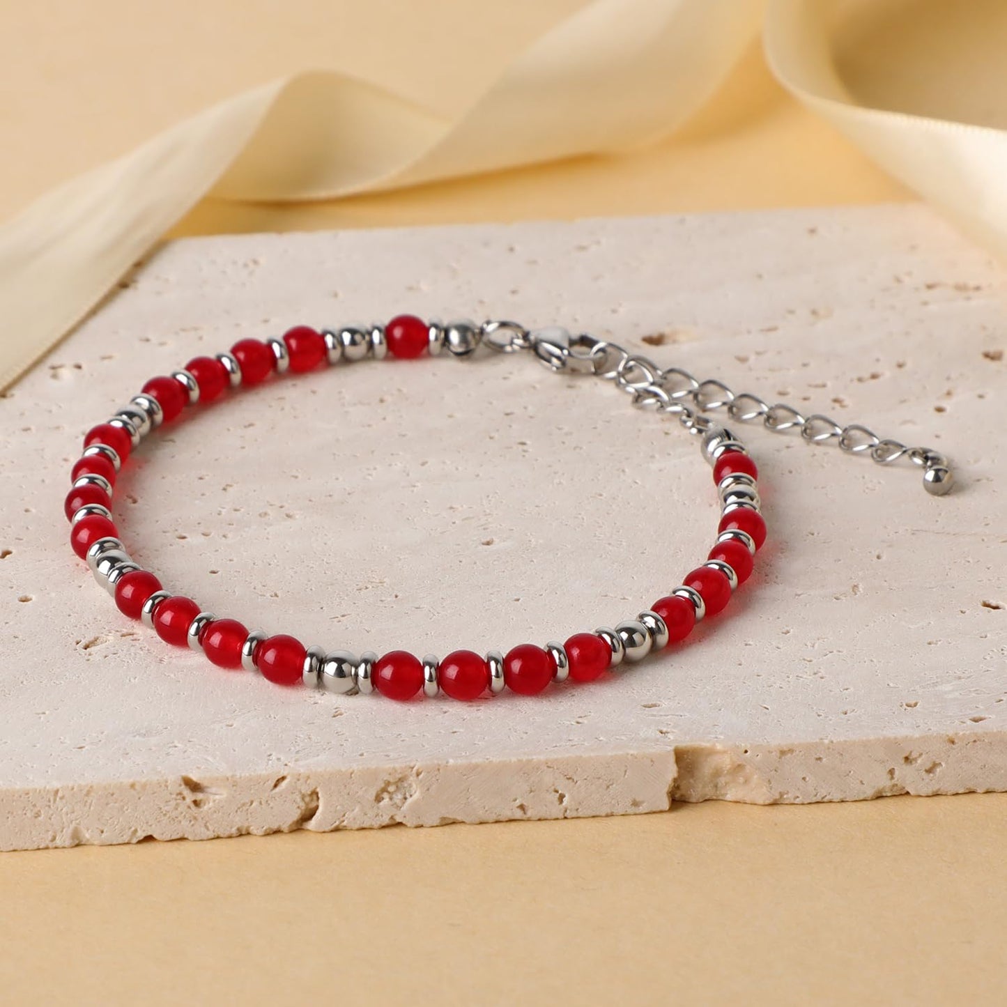 LPBeads 4mm Ruby Jade Tiny Beaded Bracelets For Women, Energy Gem Charm Jewelry Adjustable Bracelet Gifts for Mom, Daughter, Wife, Coworkers, Friends, Bestie