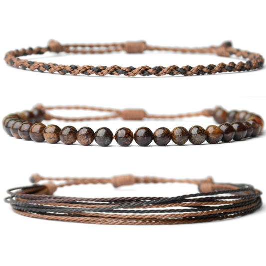 Handmade Natural Stone Beaded Healing Bracelet Gift for Men Adjustable Rope String Bracelet (Bronzite, Adjustable)