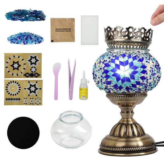 Longzhuo Turkish Mosaic Lamp Kit DIY Sachet Placement on Top Stained Glass Decorative Table Bedside Night Light Tabletop Bohemian Morrocan Lamp Crfat Kit for Living Room Decorations, Blue