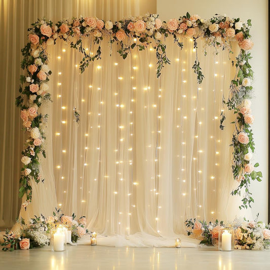 10FT 8FT (2 5x8FT) Tulle Backdrop Curtain with Lights String X Champagne Sheer Tulle Backdrop Curtains for Wedding