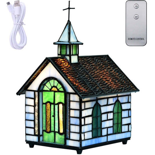 Bieye L12008 Christian Church Tiffany Style Stained Glass Table Lamp (Blue Chruch)