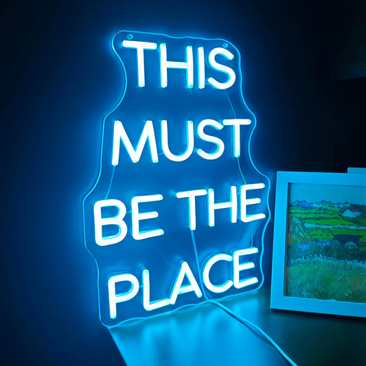 15.8" This Must Be The Place LED Neon Sign - Blue, Dimmable Light for Home, Bedroom, Cafe, Bar Wall Decor - Energy-Efficient Neon Light with Installation Kit - Perfect for Weddings and Birthdays