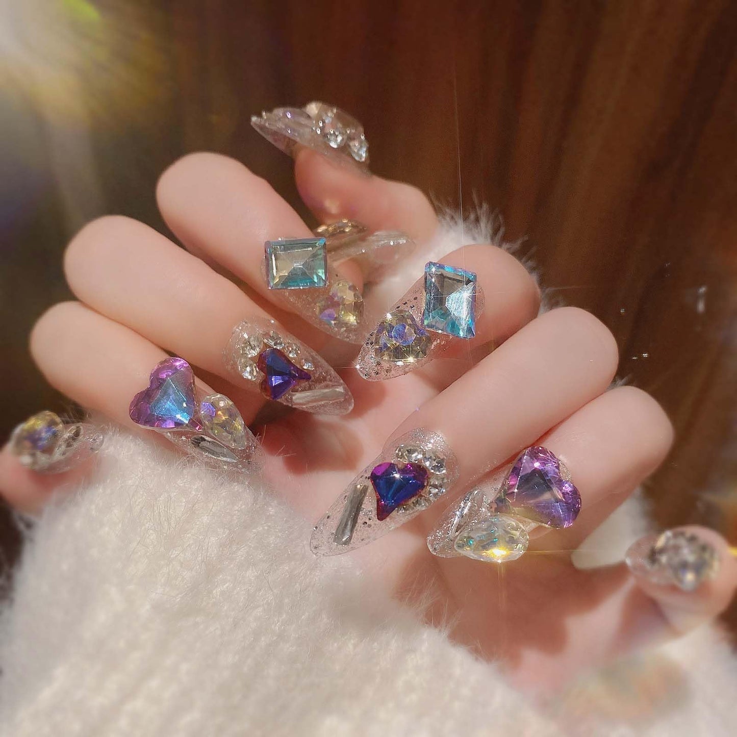 QQPPOLIU Almond Press on Nails Medium False Nails Stiletto Handmade Glue on Nails with 3D Big Jewel Rhinestones Designs Full Cover Nails Silver Glitter Press Ons Gift for Mother's day (Transparency)
