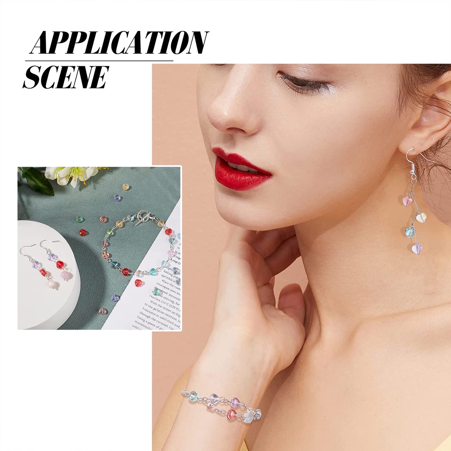 UR URLIFEHALL 100 Pcs Transparent Spray Painted Glass Beads with Glitter Powder Heart Spacer Cerise Beads for Jewelry Making DIY