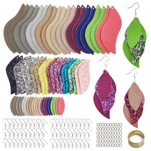 AOUXSEEM 181 Pcs Leaf Faux Leather Earrings Making Kit for Beginner, Contains 60 Pre Cut Lightweight Glitter Printed Synthetic Fabric Pieces and Hypoallergenic Hooks Jump Rings (Solid A)