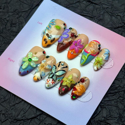 100% 5D Handmade Press on Nails Medium Almond Fake Nails Press ons Colorful Flower False Nails Ombre Butterfly French Tip Press on Nails Summer Fake Nails for Women Girls Daily Wear Manicure Size M