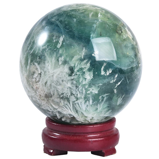 JIC Gem 3.1-3.5 inch(80-90mm) Large Crystal Ball Feather Fluorite Healing Crystals Sphere with Wooden Stand Meditation Home Decor