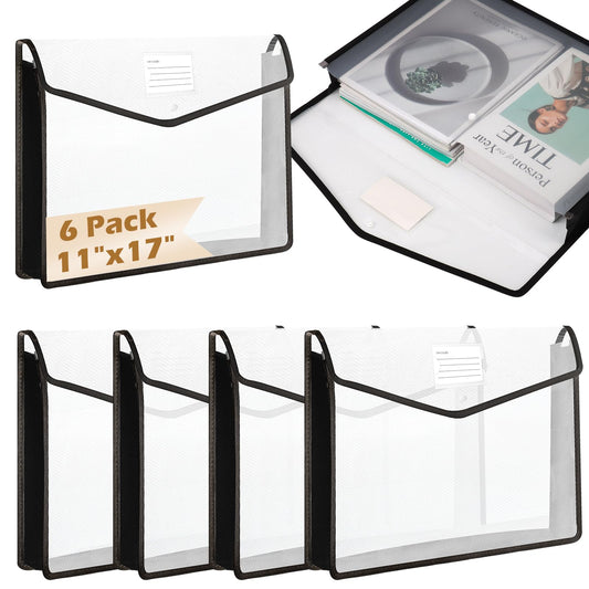6 PCS 11 x 17 Inch Expandable Tabloid Size Document Folder with Label A3 Plastic Folders for Documents Black Expanding File Wallet Envelope Size Waterproof Clear Plastic File Pouch for Office