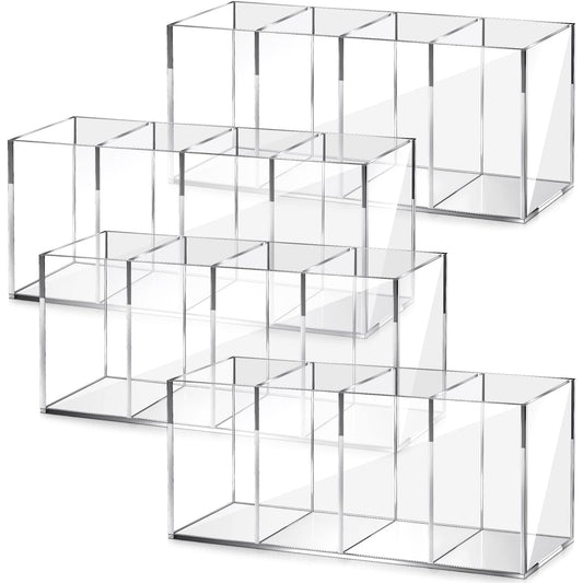 Pajean 4 Pack Acrylic Pen Pencil Holder - 4 Compartments Clear Pencil Pen Holder Organizer - Makeup Brush Holder Acrylic Pencil Organizer Cup for Office Home Supplies Desk Accessories