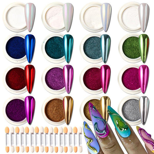 16 Jars Chrome Nail Powder Magic White Pearl Kit Mirror Effect Metallic Nail Art Pigment Fine Glitter Dust for Gel Polish Nail Art Decoration, Home DIY Salon Use