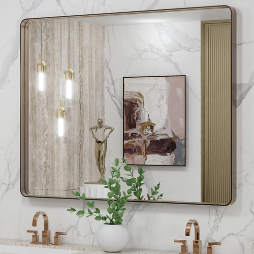 LOAAO Bronze Bathroom Mirror - 40”X32” Rounded Rectangle with Anti-Rust Brushed Metal Frame | Hangs Horizontally or Vertically