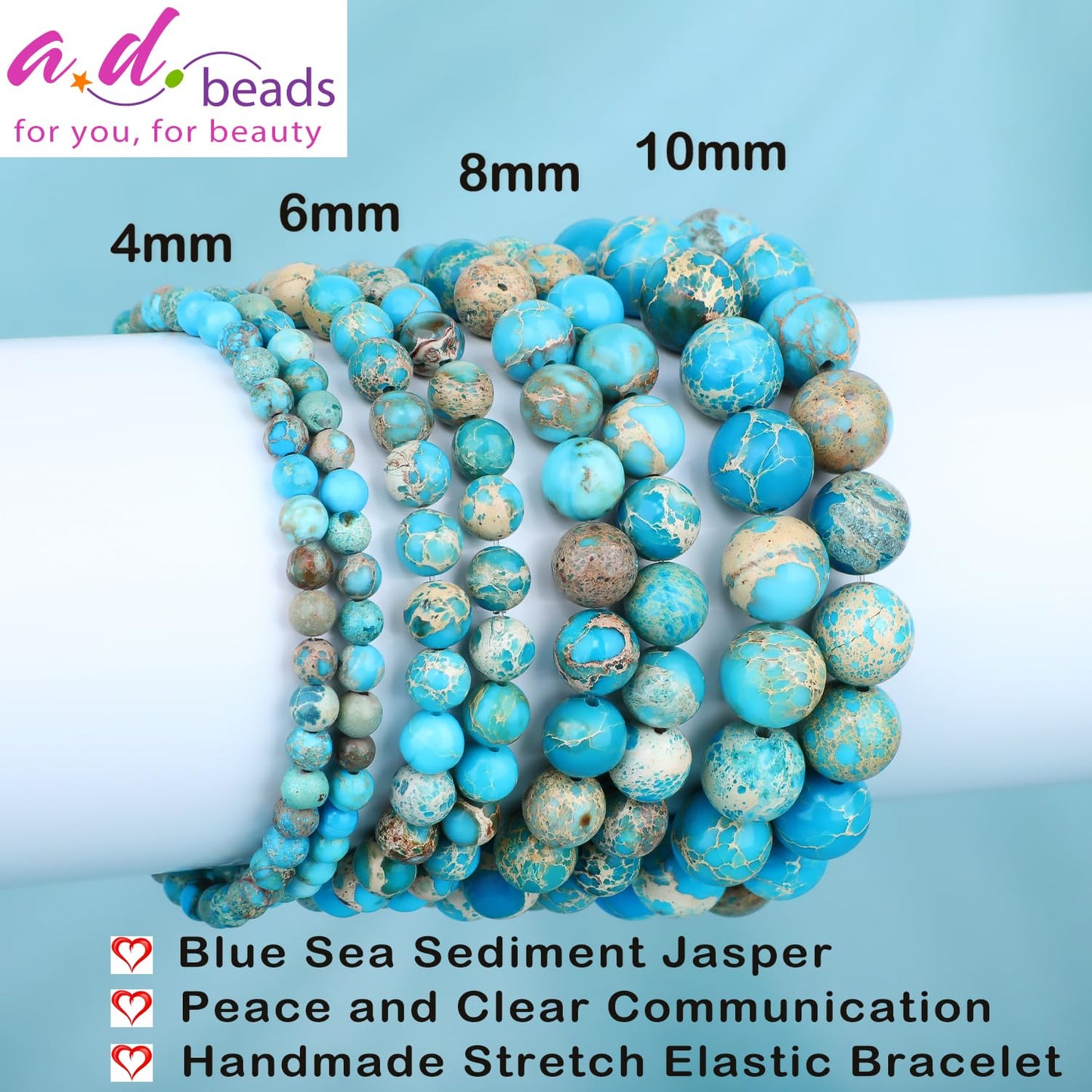 AD Beads 10mm Handmade Blue Sea Sediment Imperial Jasper Elastic Bracelet – Natural Gemstone for Joy & Positivity – Meditation, Yoga, Healing and Energy Gift for Men Women