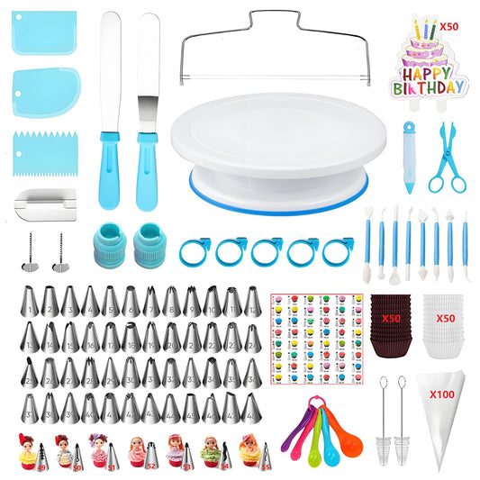 ANSLYQA Cake Decorating Kit, 340 Pcs with Cake Turntable, Leveler, 55 Numbered Icing+Skirt Tips, 2 Spatulas, 3 Scrapers, 2 Couplers, 100 Pastry Bags, 100 Cupcake Liners & More Baking Tools, (Blue)