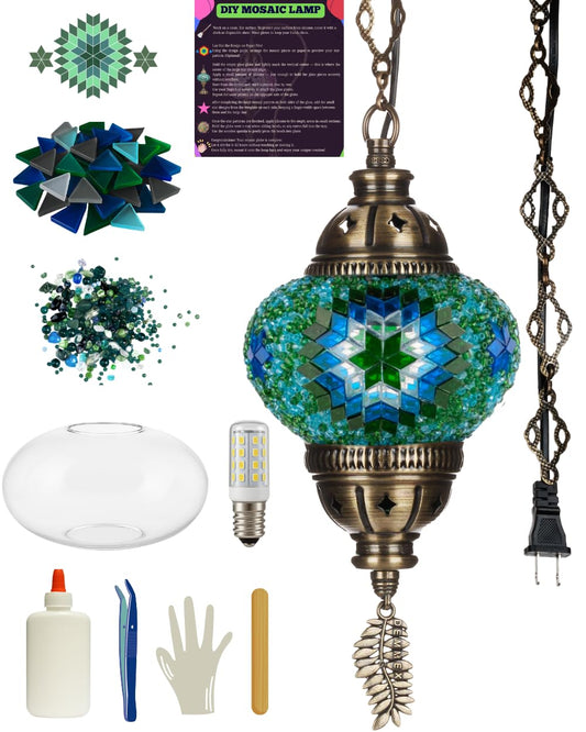 DEMMEX DIY Turkish Mosaic Plug-in Hanging Lamp Kit – NO Grout or Plaster, Beginner-Friendly – Complete Tiffany Mosaic Glass Light-Making Craft Project Kit for Adults and Teens (Turquoise&Green)
