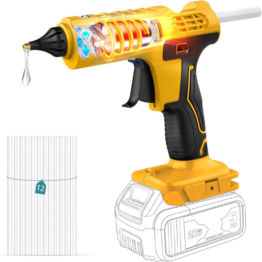 Cordless Hot Glue Gun for DeWalt 20V Battery Powered, 100W Full Size Glue Gun Cordless & Rechargeable, Wireless Battery Powered Hot Glue Gun and Sticks Set with 12pcs 0.43'' Glue Sticks (Yellow)