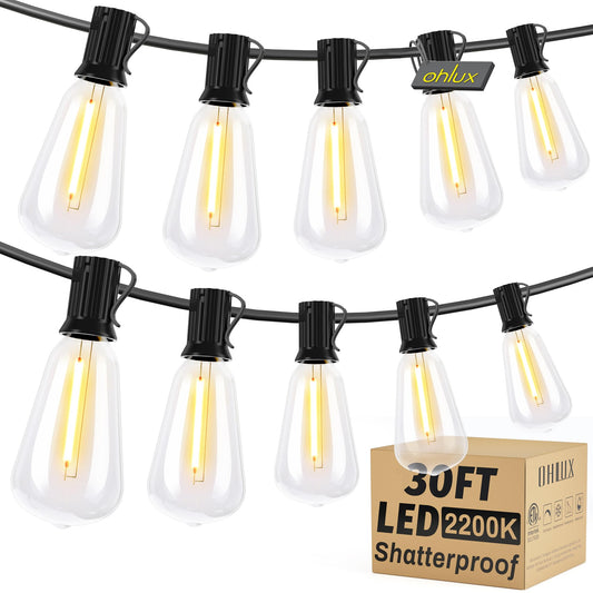 OHLUX Outdoor Light String, 30FT Dimmable Outdoor String Lights with 17 Shatterproof LED ST38 Vintage Edison Bulbs,2200K Connectable Hanging Lights for Deck Porch Bistro Gazebos Balcony Garden