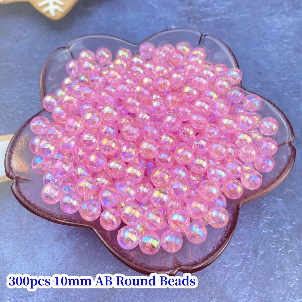 300 Pcs 10mm Acrylic Round Beads AB Colors Round Spacer Beads for Earring Bracelet Necklace Key Chains Jewelry DIY Craft Making(10mm, Pink AB)