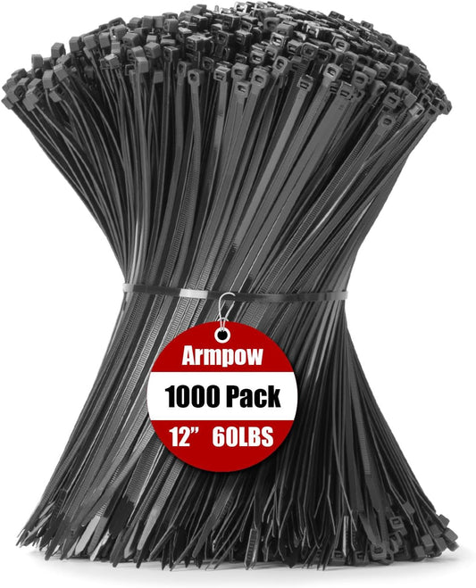 12 Inch 1000 60 Lbs- PA66 Armpow Zip Ties Black PCS, Heavy Duty Tensile Strength, Nylon UV Resistant Cable Ties