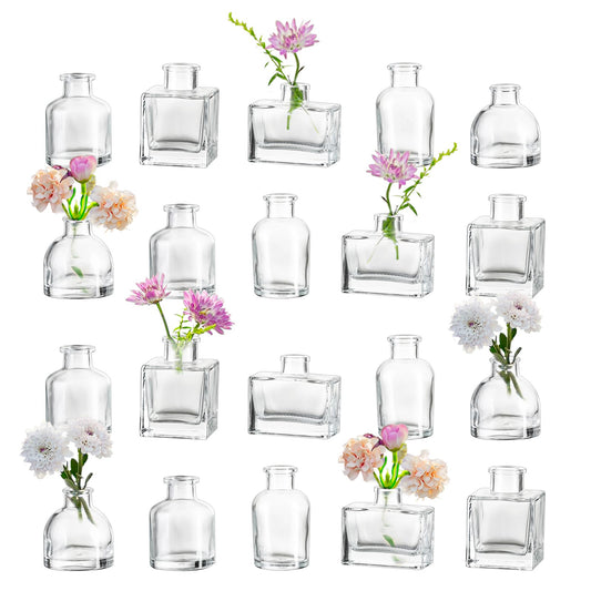 Small Glass Bud Vases for Centerpieces - Hewory 20pcs Clear Sturdy Cute Flower Vases Bulk, Mini Bottle Vase for Wedding Home Decor Birthday Party Events Mother's Day Bridal Shower Gifts Table Decor