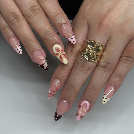 Almond Press on Nails Long Fake Nails French Artificial Nail Pink Flowers Handmade Stick on Nail for Women 24pcs