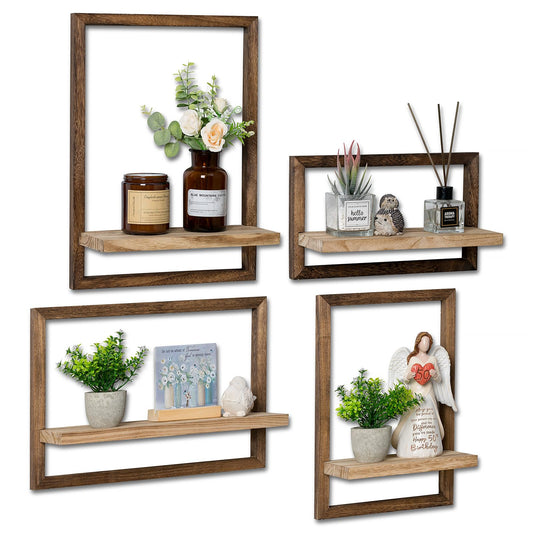 Walasis 4-Piece Wood Wall Shelves for Bedroom Farmhouse - Rustic Floating Shelf Decorative Storage Shelving Wall Mounted Decor with Frame for Living Room