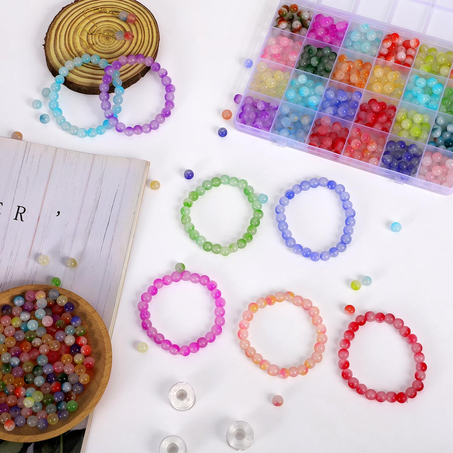408 Pcs 8mm Glass Beads for Jewelry Making, 24 Colors Crystal Beads Bracelet Making Kit for DIY Crafts