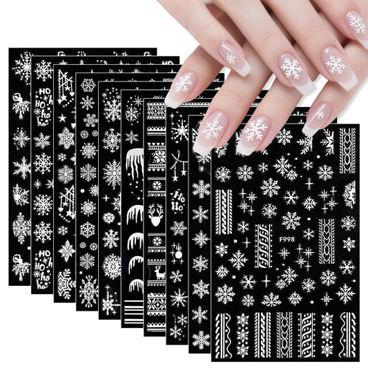 10 Sheets Christmas Nail Art Stickers Snowflake Nail Stickers White Nail Decals Winter Self Adhesive Nail Art Supplies for Women Girls DIY Manicure Nail Art Decorations