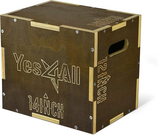 Yes4All Plyo Box, 3-in-1 Wooden Box Jumps for Home Gym (12/14/16?¯in), 450 lbs Boxes Step Up with Smooth Edges & Wide Built-in Handles for Jumping, Strength Training, Lunges, Squats, Dips