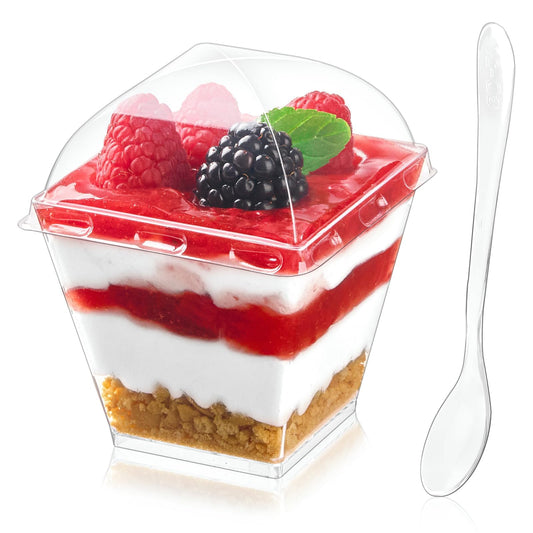 Zezzxu 50 Pack 7 oz Square Dessert Cups with Dome Lids and Spoons, Plastic Pudding Cups with Lids Mini Parfait Shooter Cups for Party Individual Banana Pudding Jello Yogurt Fruit Trifle