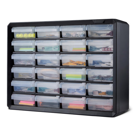 Amazon Basics 24-Drawer Plastic Storage Organizer with Dividers for Office/Craft/Tools, Wall Mountable, Sturdy, 6.3 x 21.3 x 15.8 inch, Black
