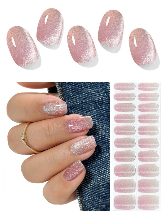 AutyaMee Semi Cured Gel Nail Strips (Pink Omber Cat Eye), Nude Gradient, 20 Pcs Gel Nail Wraps, Stickers, UV Light Required, Salon Quality, Long Lasting