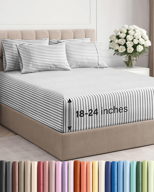 Skiennix Extra Deep King Sheet Set - 6 Piece Breathable Cooling Bedding - Soft Wrinkle-Free Grey Stripes