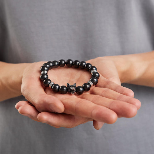 Karelian Heritage Shungite Stone Beaded Bracelet, Handmade for Men, Natural Stones and 7.3 Inch Elastic Stretch Band, Spiritual Chakra Crystal Healing Jewelry (Shungite & Wolf Charm)