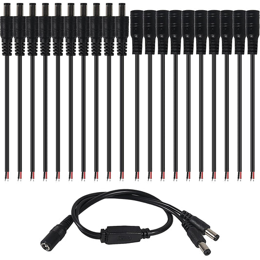 ATNSINC 10Pairs 12v 2.1mm 5.5mm DC Power Cable Male Female Connectors x DC Pigtail Adapter for CCTV Security