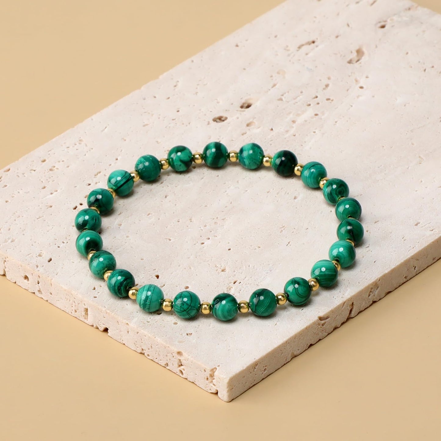 QOGIR Malachite - Transformation - 14K Gold Plated Beads Natural Gemstone Stretch Elastic Dainty Healing Beaded Bracelets Gifts 6mm