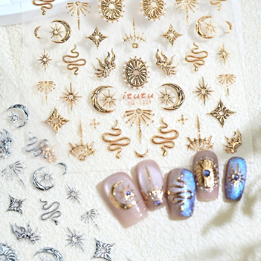 2 Sheet Snake Nail Stickers Silver Gold Nail Art Stickers Decals with Moon Sun Design Nail Stickers for Nail Art 5D Embossed Manicure Decoration for Women Nails Supplies