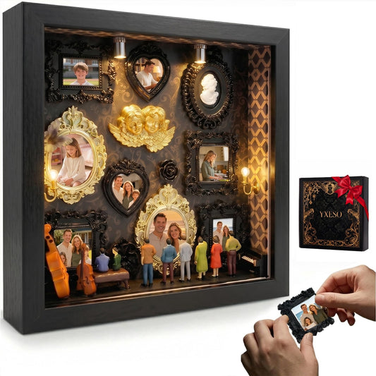 YXESO DIY Mini Museum Silhouette Box for Mother's Day, Shadow Box Frame with Gold Mini Picture Frames & People Figurines for Anniversary, Home Decor