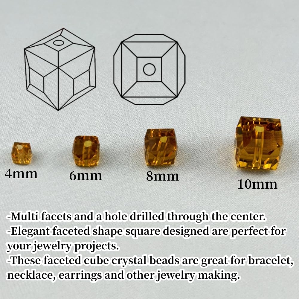 YUEXIGO 200pcs 4mm Cube Crystal Glass Beads for Jewelry Making Faceted Square Crystal Glass Bead Spacer Beads Loose Beads for Bracelet Earring Necklace DIY Craft(Amber)