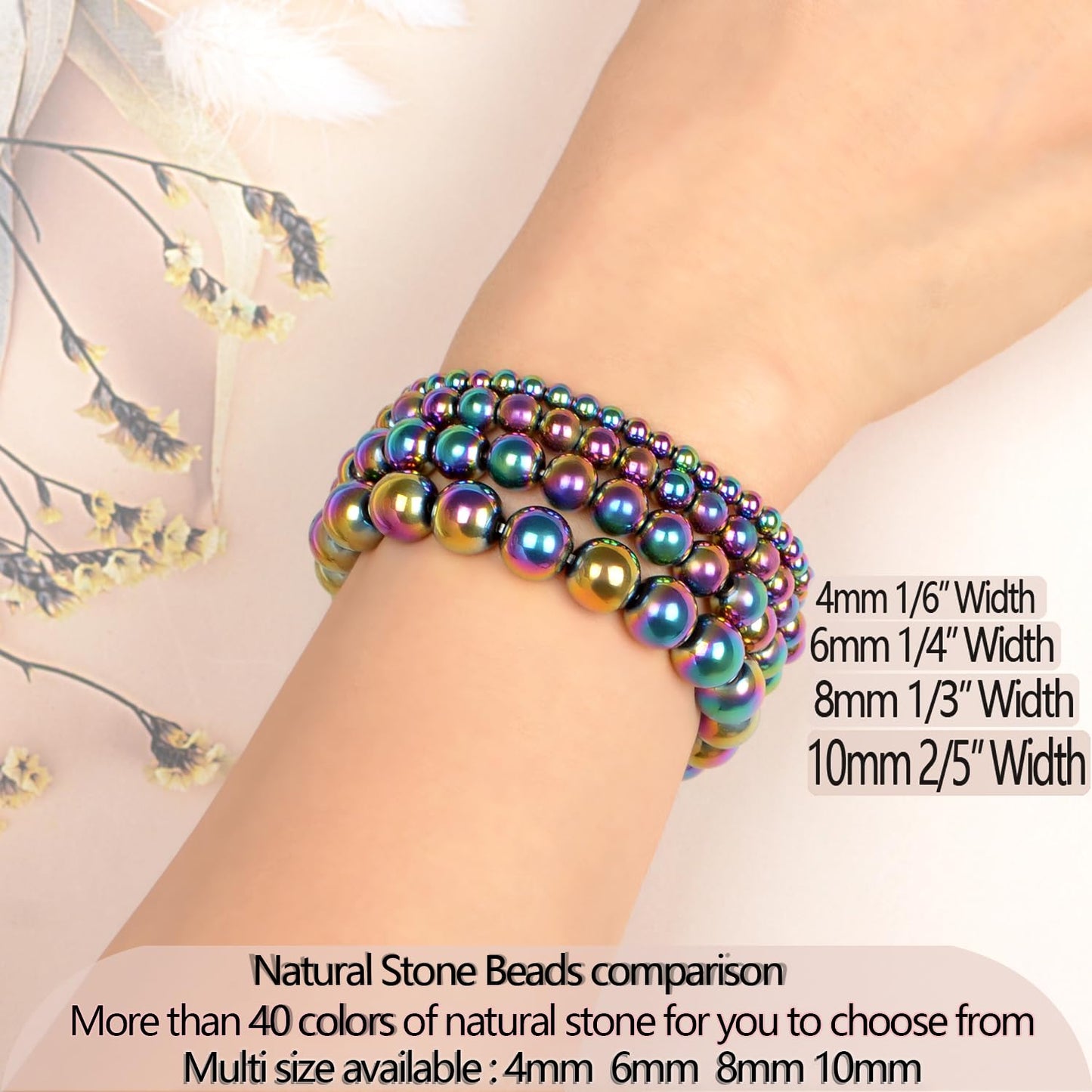 LPBeads Handmade Natural Gemstone Stretch Elastic 10mmm Rainbow Coated Hematite Bracelet Healing Crystal Round Stone Beads Jewelry Gifts for Women Men